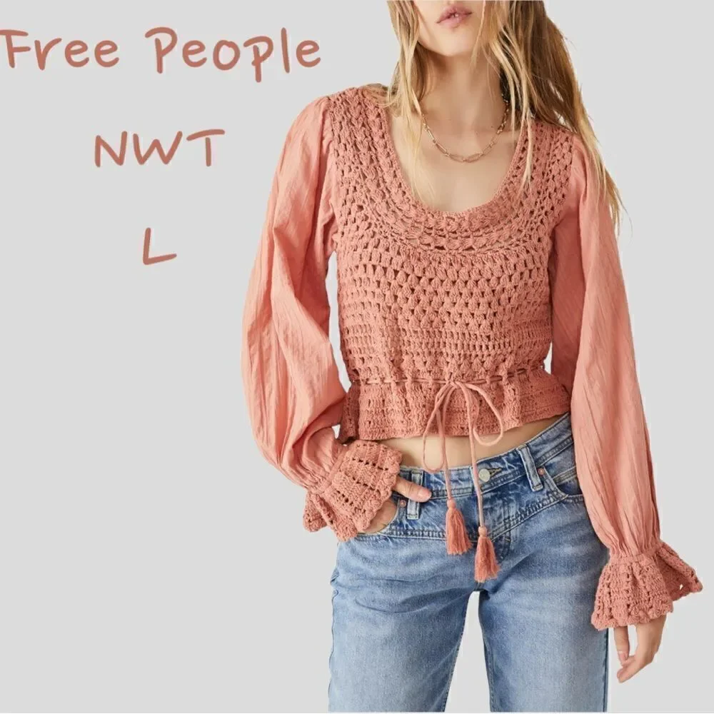 NWT Free People Megan crochet coral sand top L